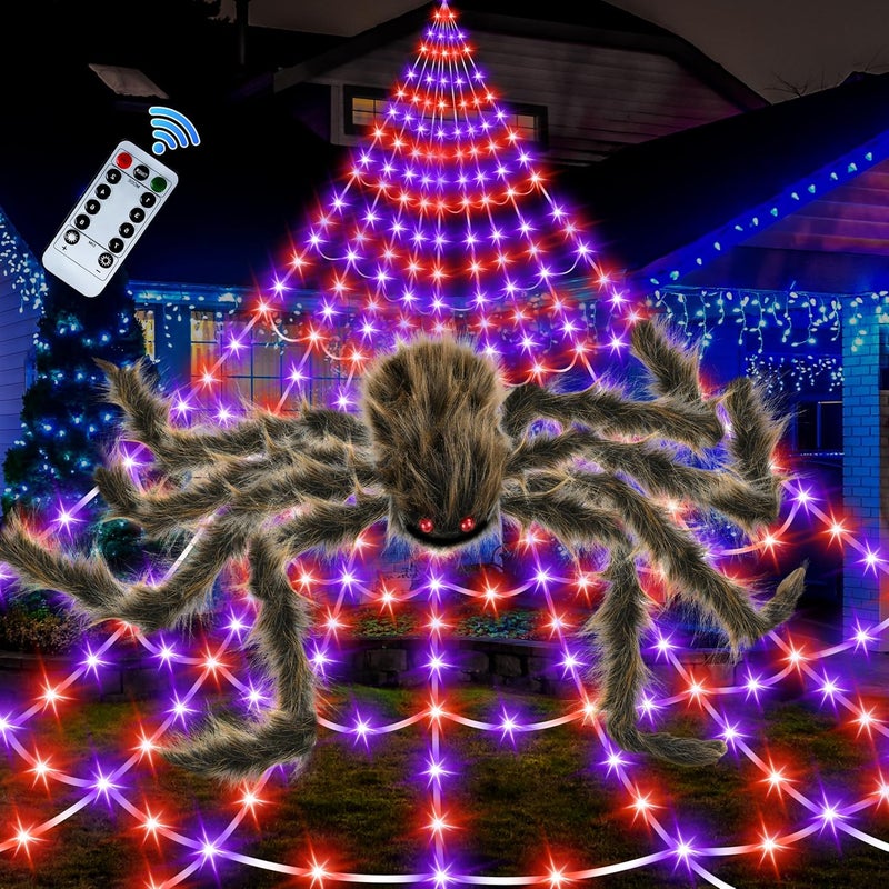 Seifar Halloween Spider Web Lights Giant Spider, 16.4Ft 450 LED Lighted Spider Web with with 8 Lighting Modes Waterproof & Timer for Indoor Outdoor House Haunted Yard Decor,Purple&Orange - Image 1
